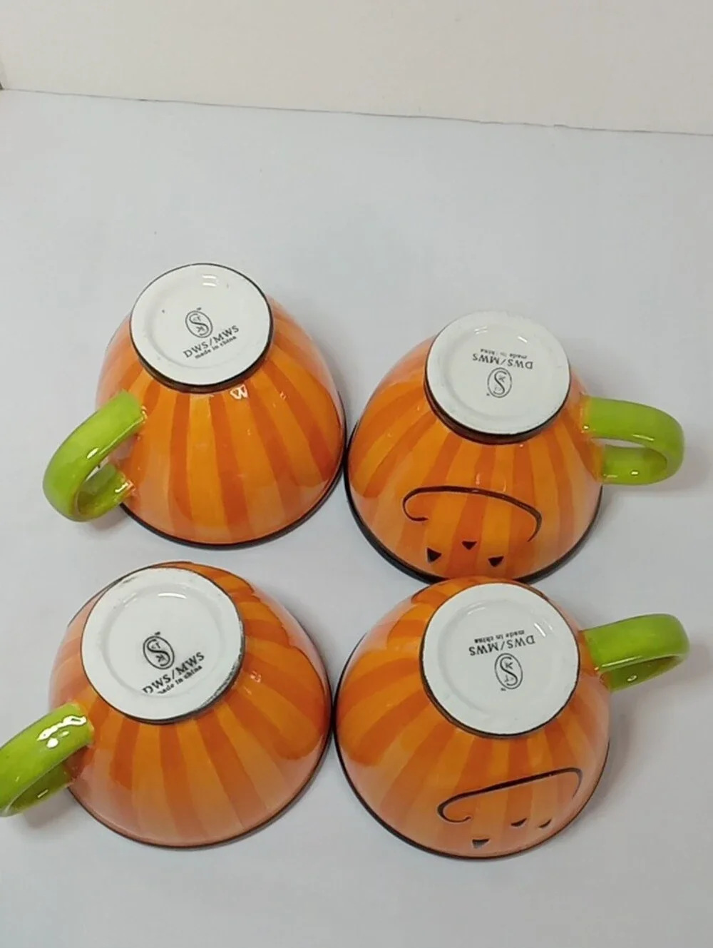 Halloween Pumpkin Ceramic Mugs Set of 4 - Orange with Green Handles